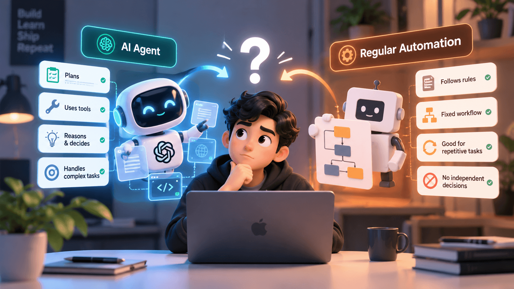 A developer weighing an AI agent that plans, uses tools and decides against regular automation that follows a fixed workflow