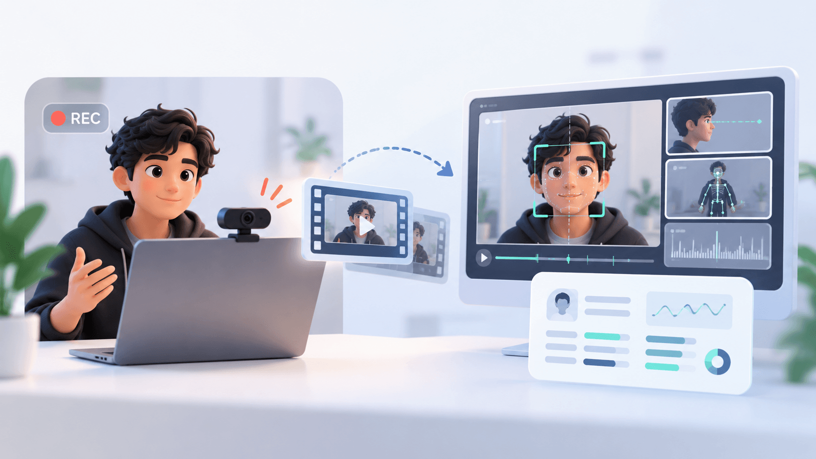 A speaker recording on a webcam, then the saved video analysed for face landmarks, posture and audio