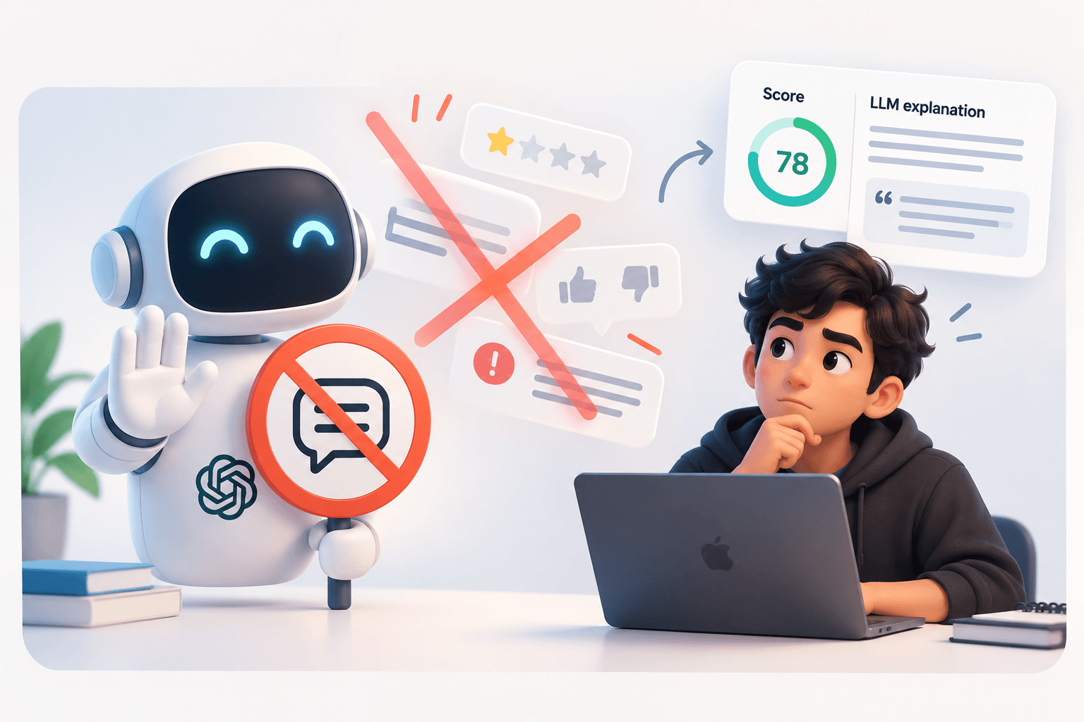 An AI coach refusing to give vague feedback, and a code-computed score of 78 next to a grounded LLM explanation